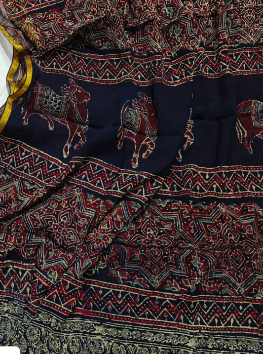 Royal Indigo Chiffon Saree with Traditional Animal Motifs