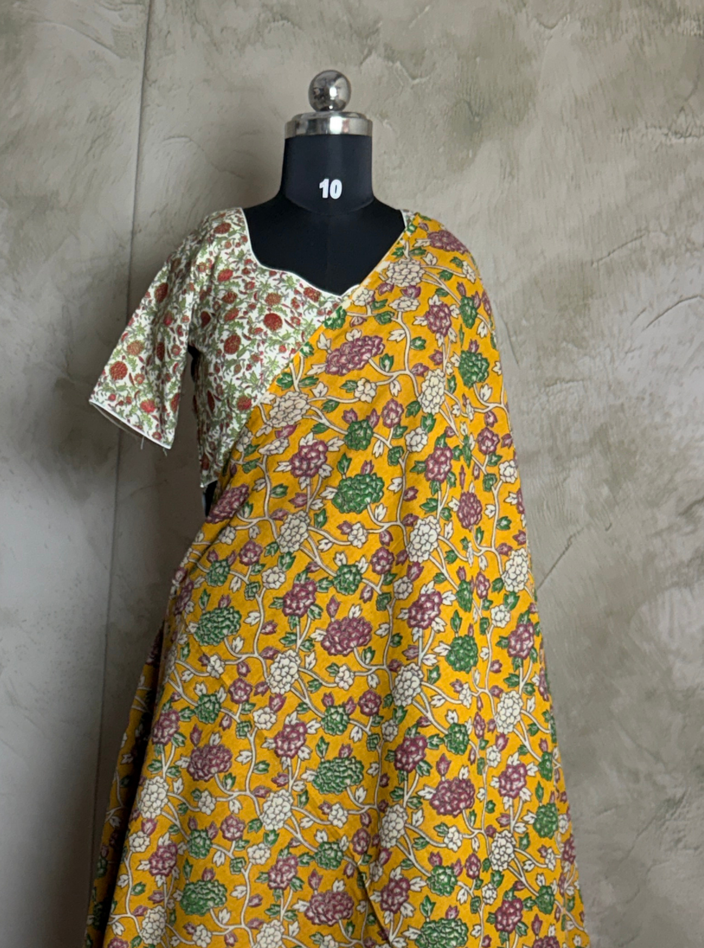 Mustard Yellow Cotton Kalamkari Saree with Floral Vine Motifs