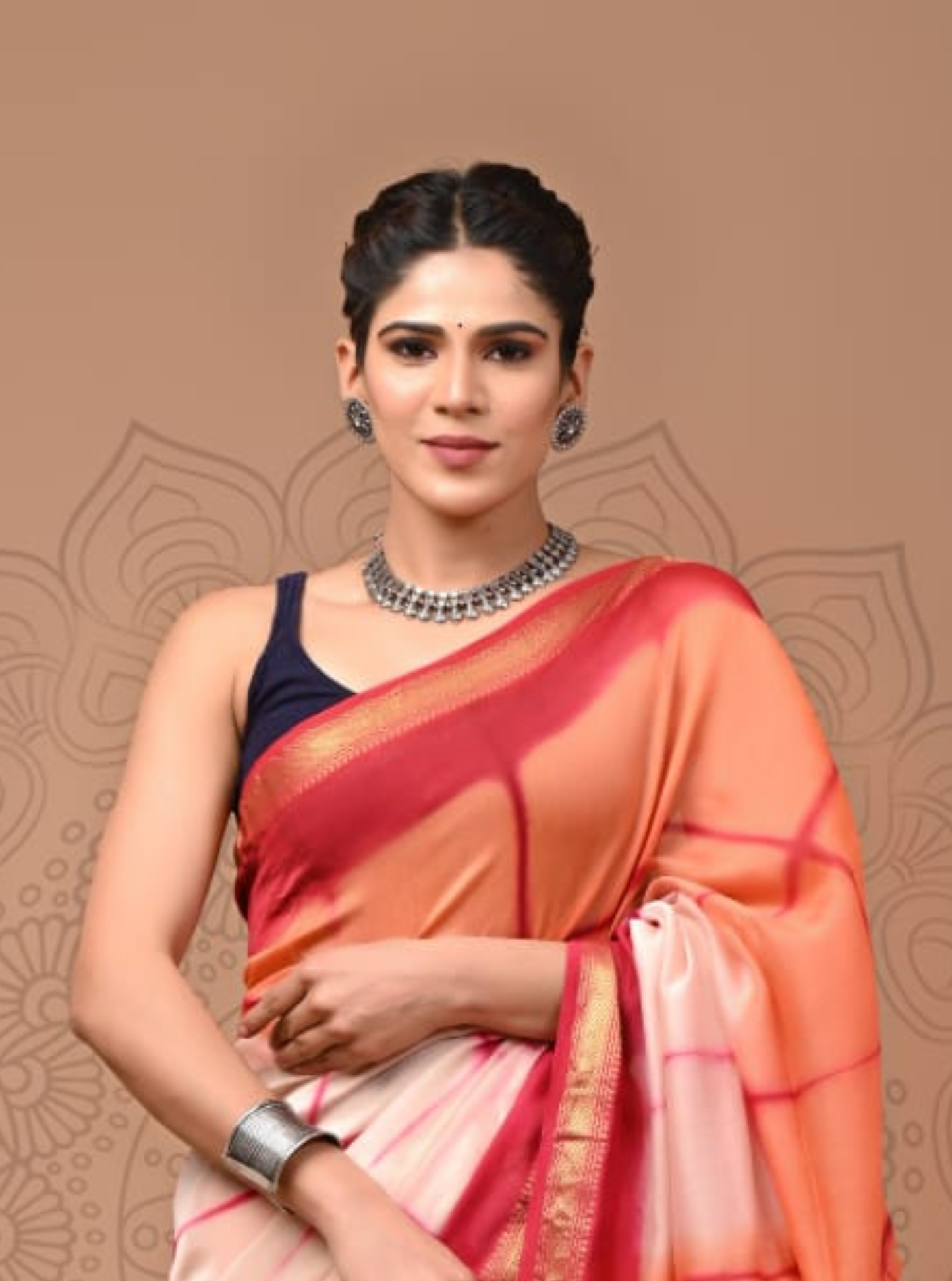 Peach & Ivory Maheshwari Silk Saree with Gold Zari Border