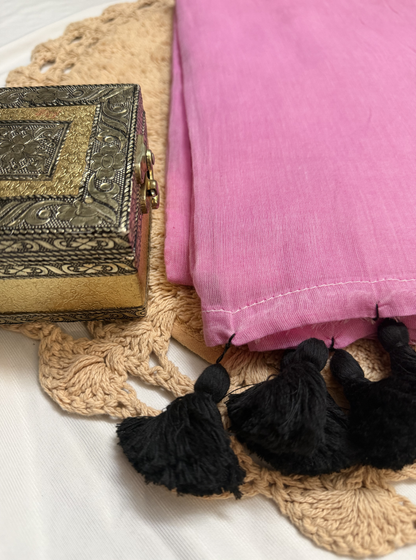 Soft Pink Mul Cotton Saree with Contrast Black Tassels
