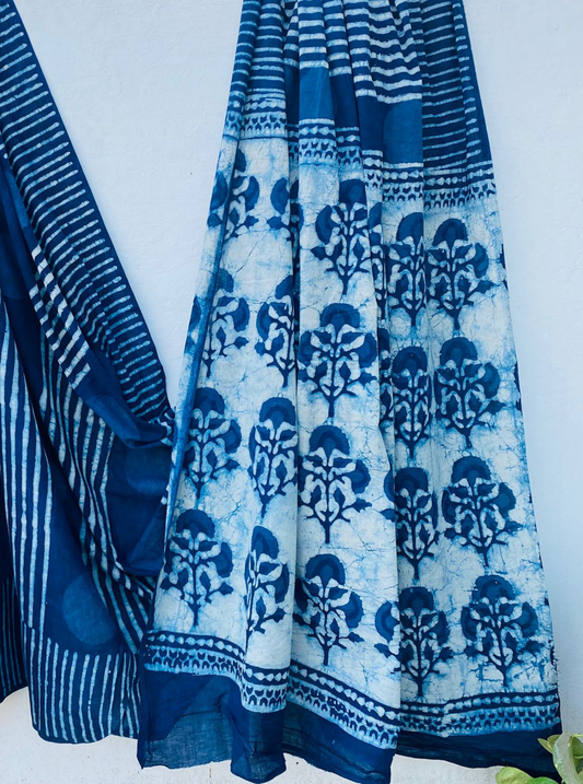 Indigo Blue Bagru Handblock Printed Cotton Saree