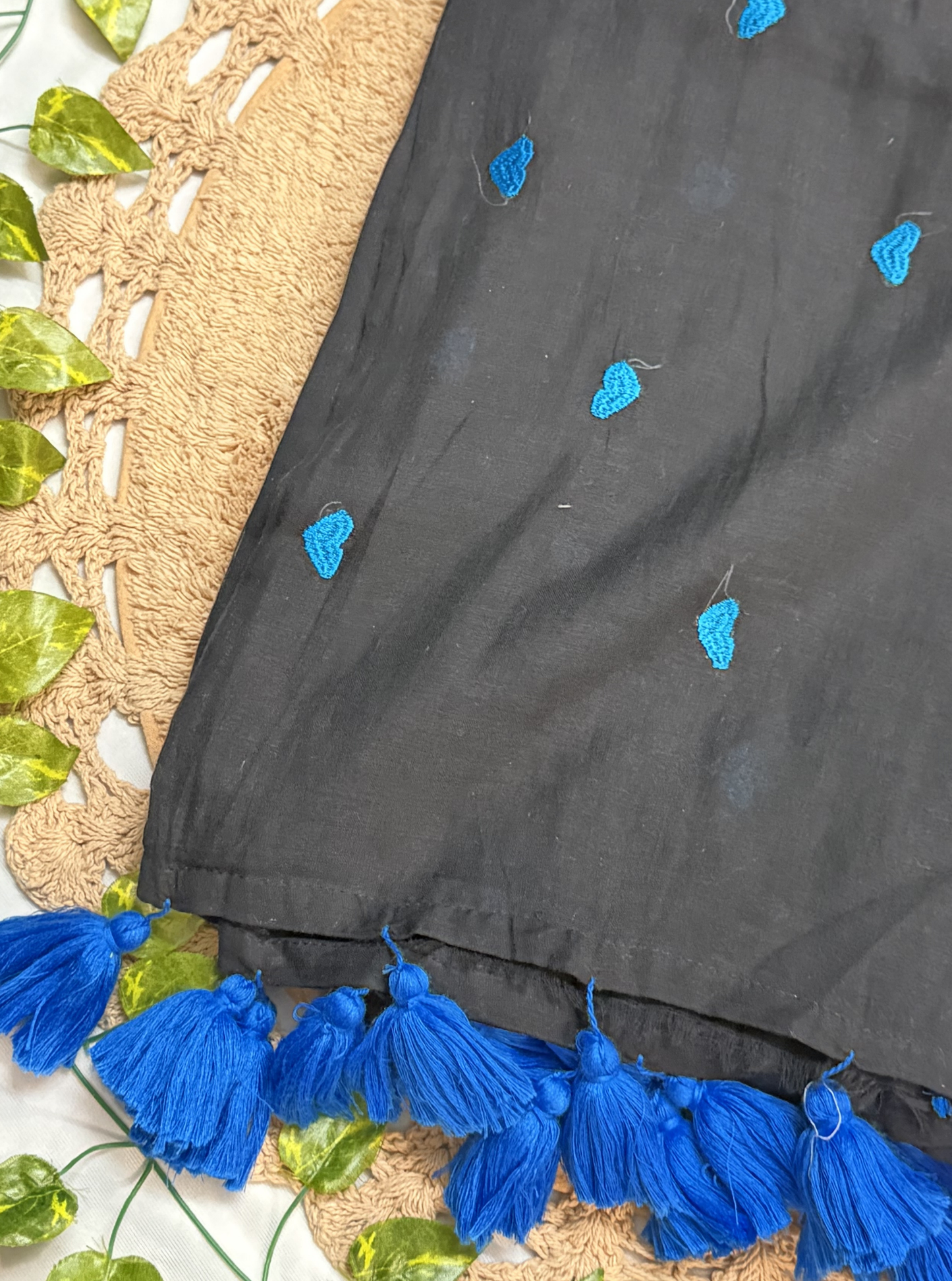 Midnight Black Mul Cotton Saree with Blue Heart Motifs & Tassels