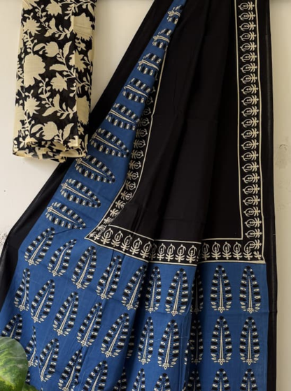 Midnight Black & Indigo Bagru Print Cotton Saree with Leaf Motifs