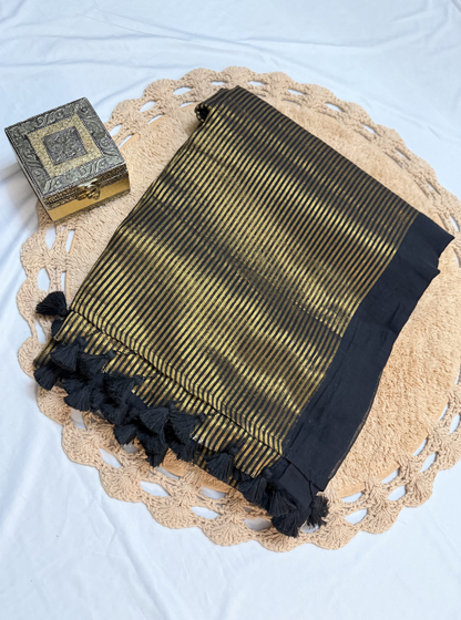Classic Black Mul Cotton Saree with Gold Stripes & Tassel Pallu