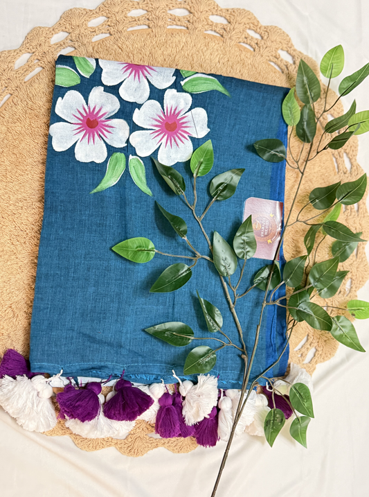 Teal Blue Mul Cotton Saree with Hand-Painted Floral Design & Contrast Tassels
