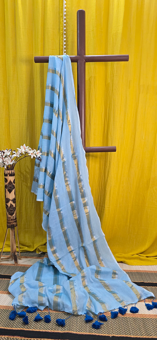 Classic Blue Mul Cotton Saree for Comfortable Everyday Wear