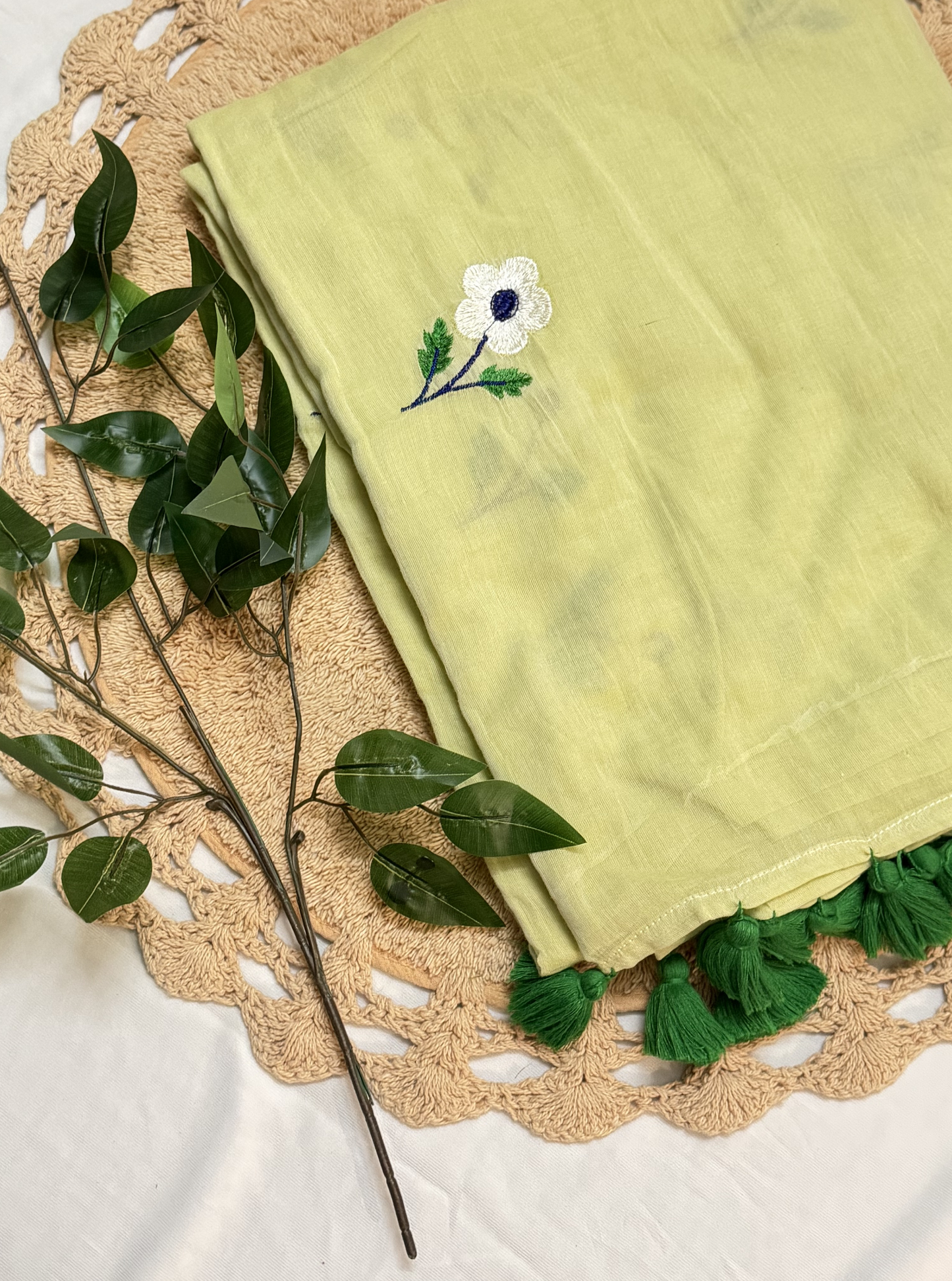 Lemon Yellow Mul Cotton Saree with Floral Butti & Green Tassels
