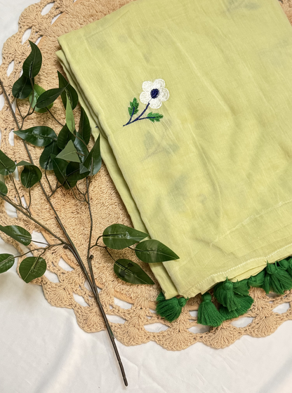 Lemon Yellow Mul Cotton Saree with Floral Butti & Green Tassels