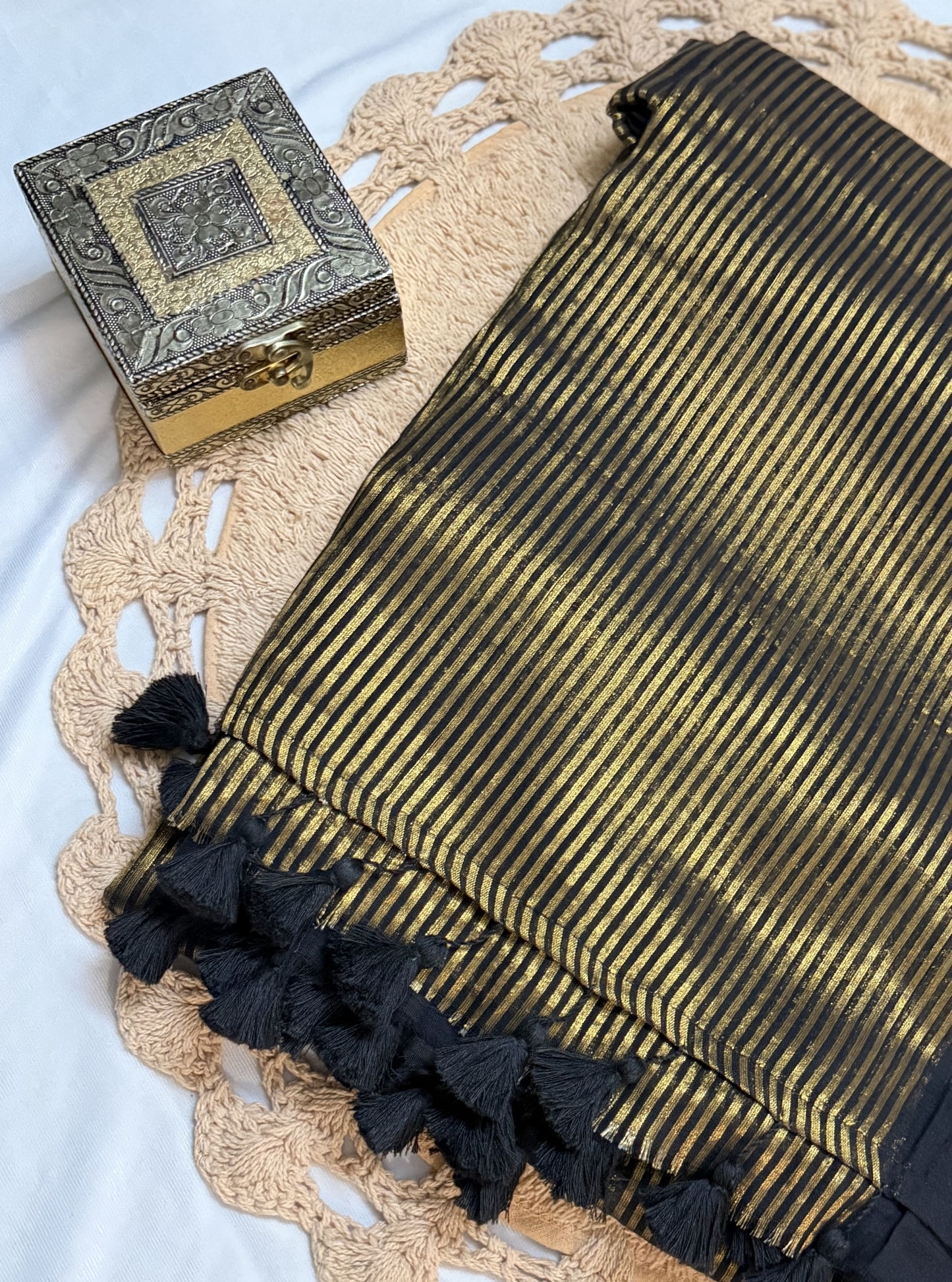 Classic Black Mul Cotton Saree with Gold Stripes & Tassel Pallu
