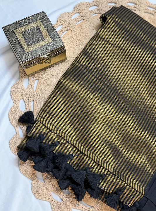 Classic Black Mul Cotton Saree with Gold Stripes & Tassel Pallu