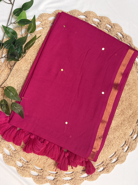 Royal Pink Mul Cotton Saree with Gold Border & Sequin Highlights
