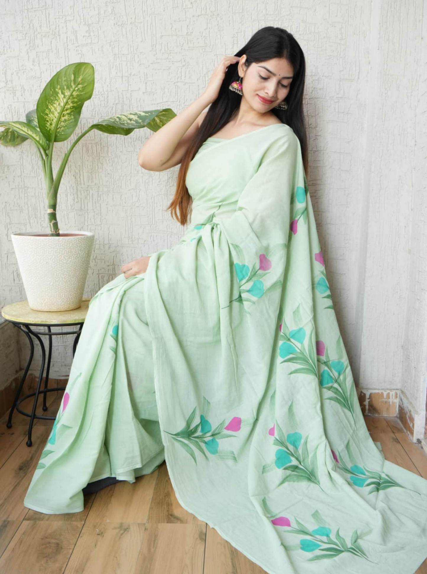 Pastel Green Cotton Jaipur Bagru Print Saree