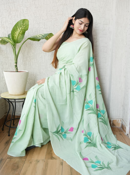 Pastel Green Cotton Jaipur Bagru Print Saree