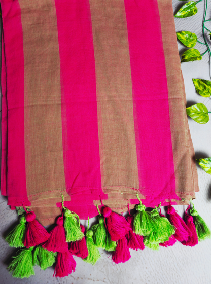 Vibrant Striped Mul Cotton Saree with Dual-Tone Tassel Pallu