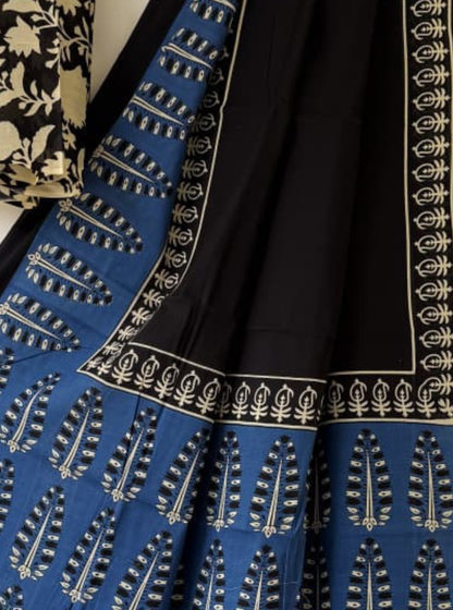 Midnight Black & Indigo Bagru Print Cotton Saree with Leaf Motifs