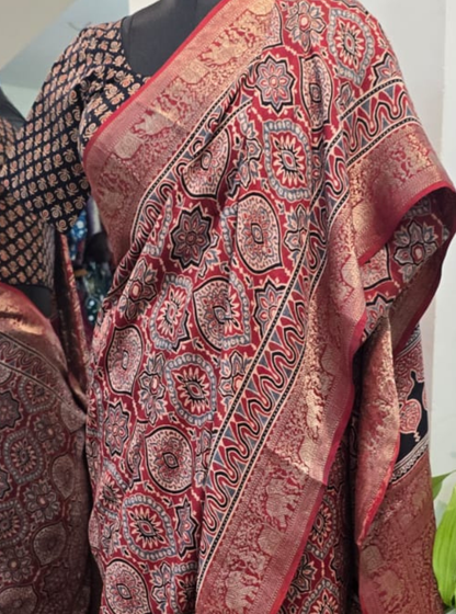Rust Red Dola Silk Saree with Ajrakh Print & Rich Border