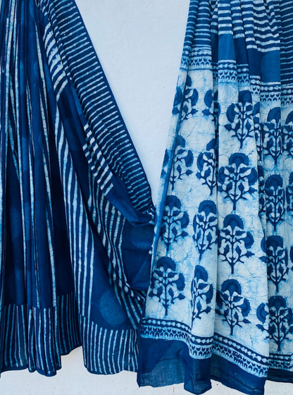 Indigo Blue Bagru Handblock Printed Cotton Saree