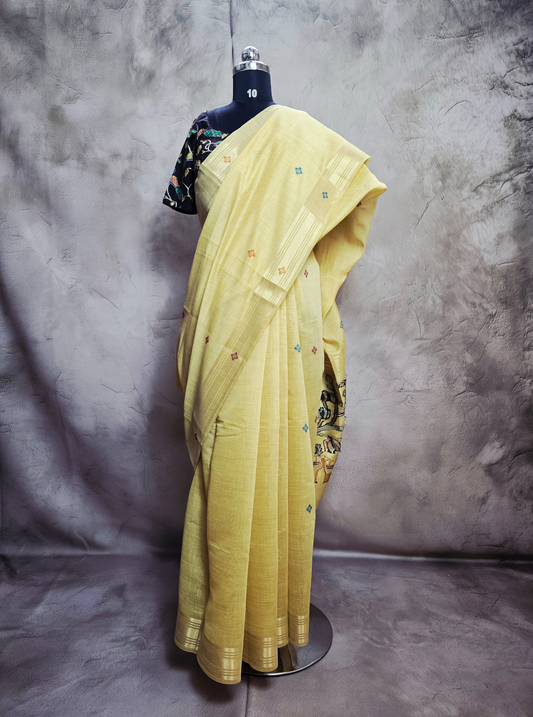 Pastel Yellow Cotton Designer Saree with Subtle Butta & Elegant Border