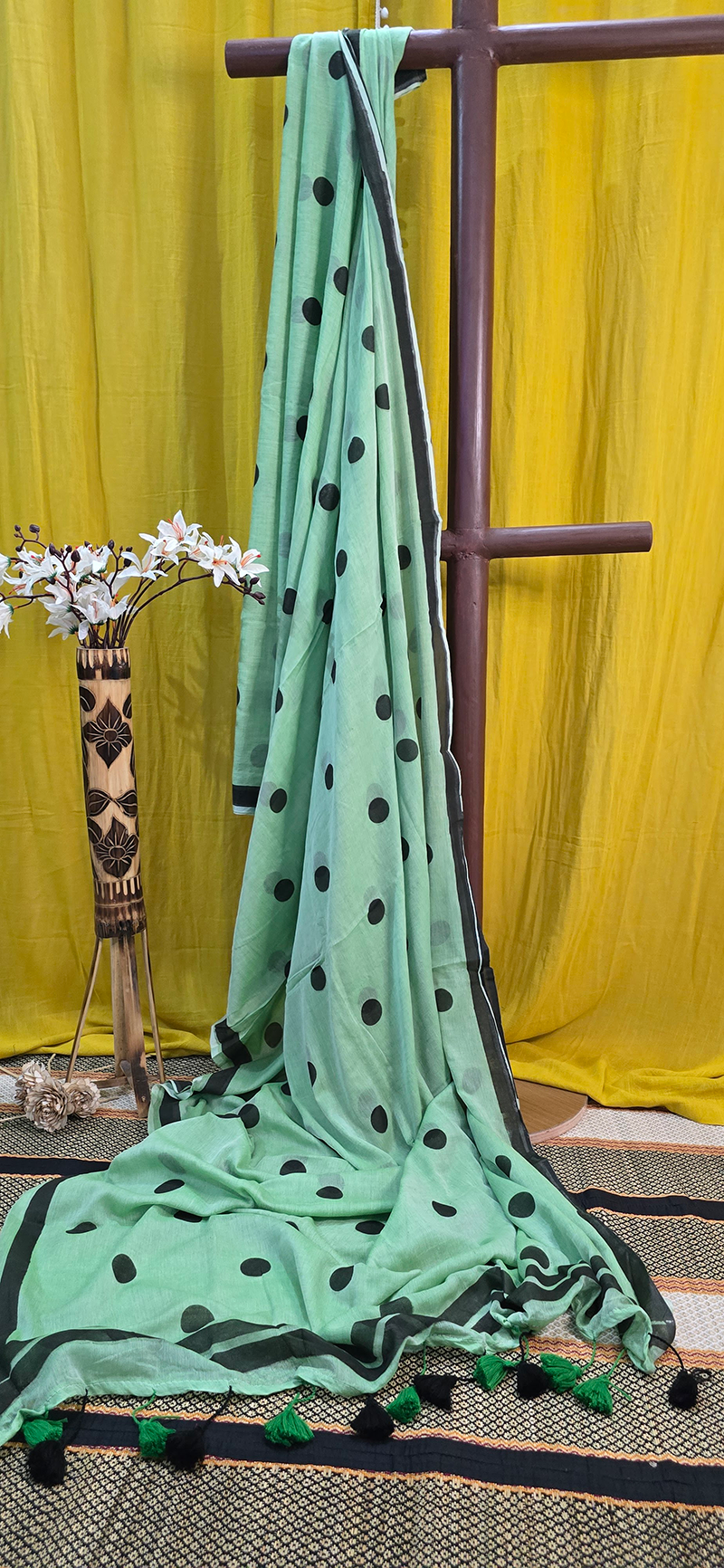 Charming Green Mul Cotton Saree with Black Dot Pattern for Festive & Daily Wear