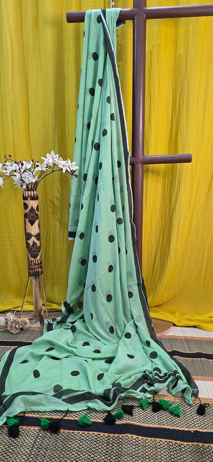 Charming Green Mul Cotton Saree with Black Dot Pattern for Festive & Daily Wear