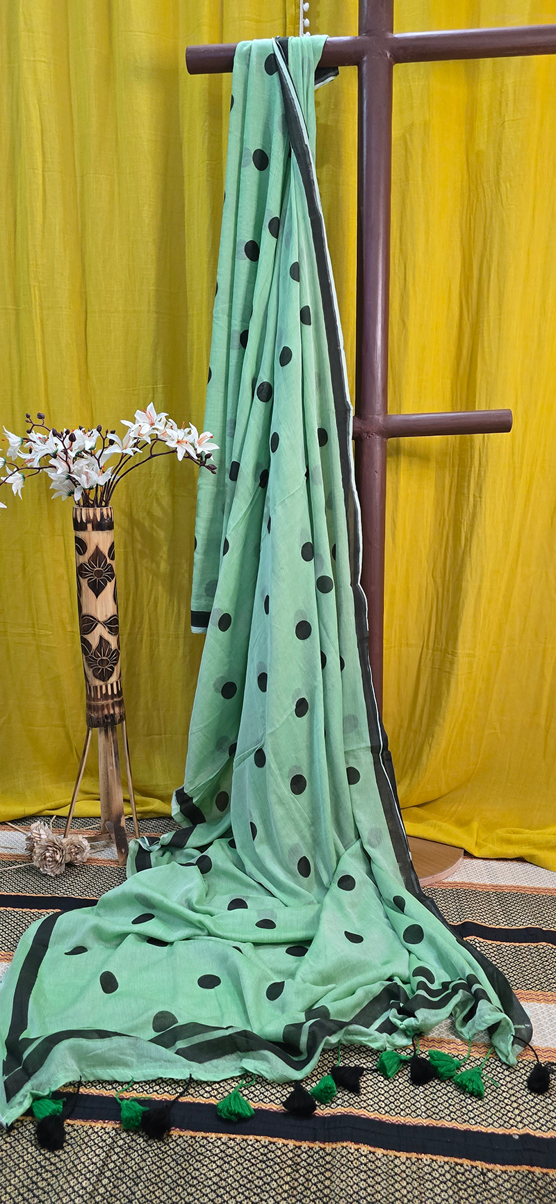 Charming Green Mul Cotton Saree with Black Dot Pattern for Festive & Daily Wear