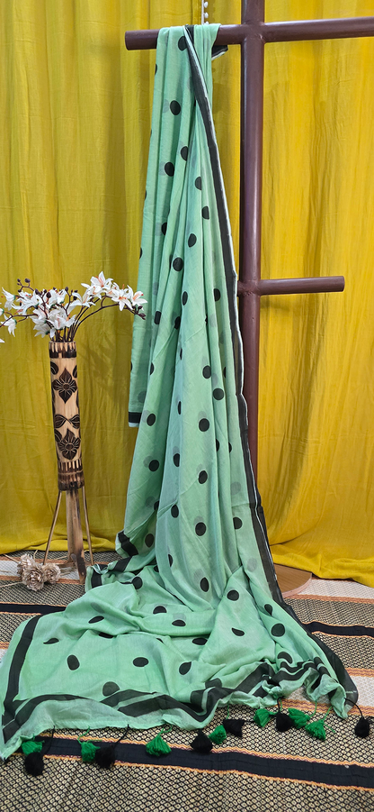 Charming Green Mul Cotton Saree with Black Dot Pattern for Festive & Daily Wear