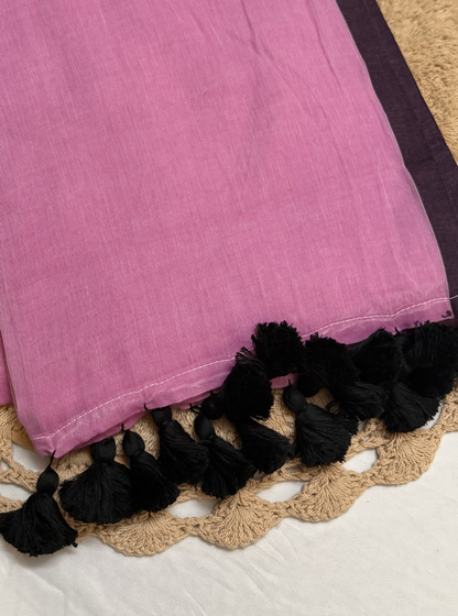 Soft Pink Mul Cotton Saree with Contrast Black Tassels