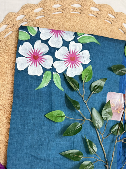 Teal Blue Mul Cotton Saree with Hand-Painted Floral Design & Contrast Tassels