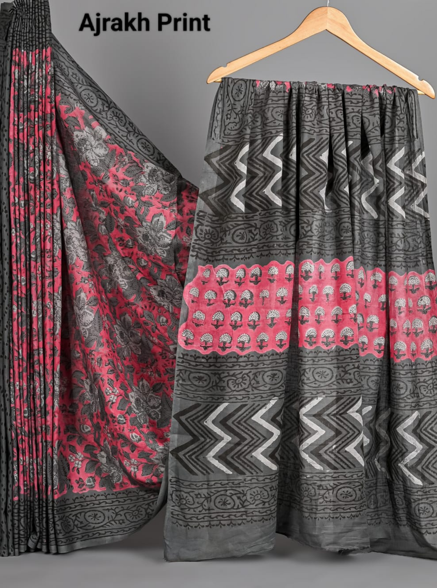 Charcoal Grey Cotton Ajrakh Saree with Crimson Red Highlights