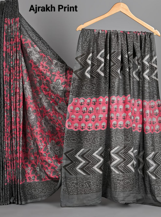 Charcoal Grey Cotton Ajrakh Saree with Crimson Red Highlights