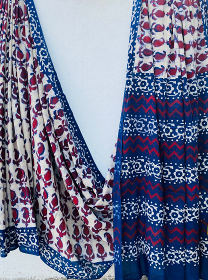 Indigo & Red Floral Bagru Handblock Printed Cotton Saree