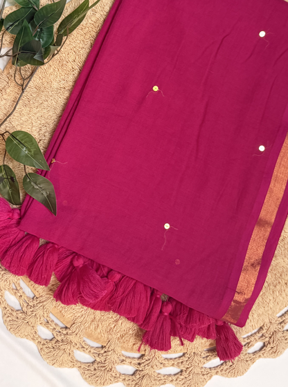 Royal Pink Mul Cotton Saree with Gold Border & Sequin Highlights