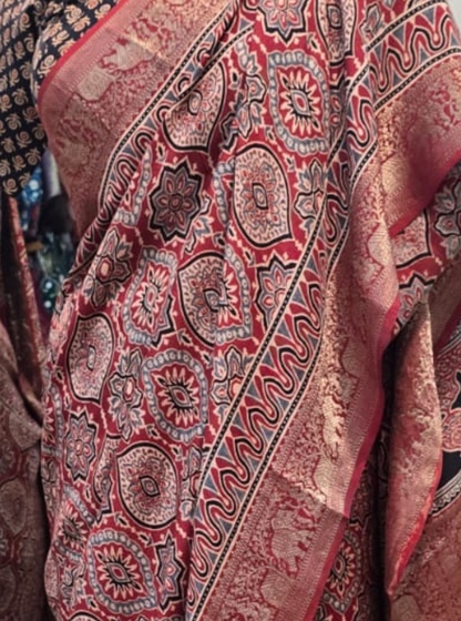 Rust Red Dola Silk Saree with Ajrakh Print & Rich Border