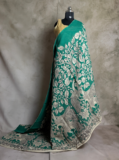 Emerald Green Kota Cotton Saree with Peacock & Floral Kalamkari Border