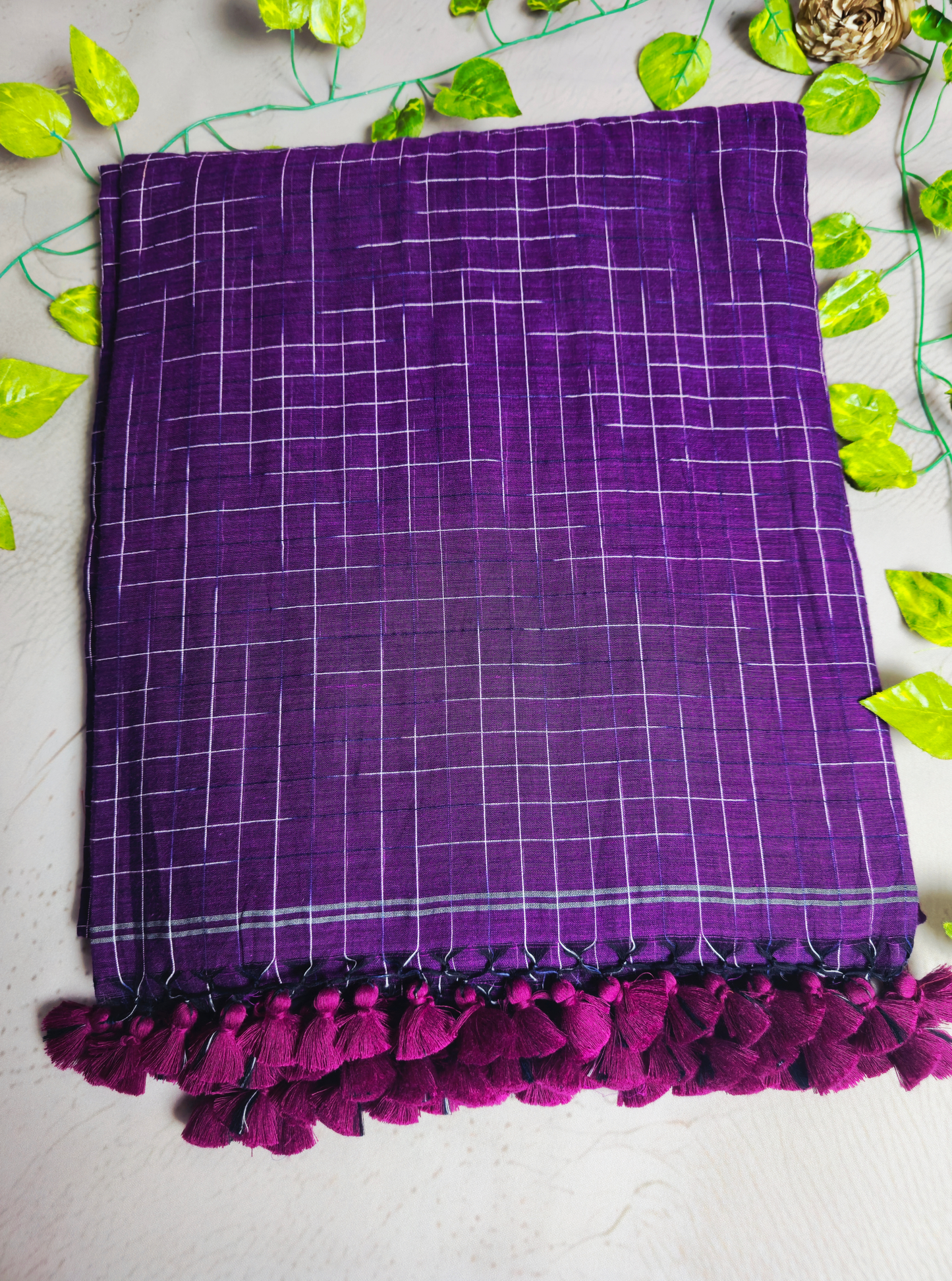 Elegant Purple Mul Cotton Saree with Check Pattern & Tassel Pallu