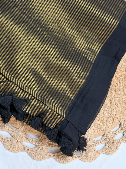 Classic Black Mul Cotton Saree with Gold Stripes & Tassel Pallu