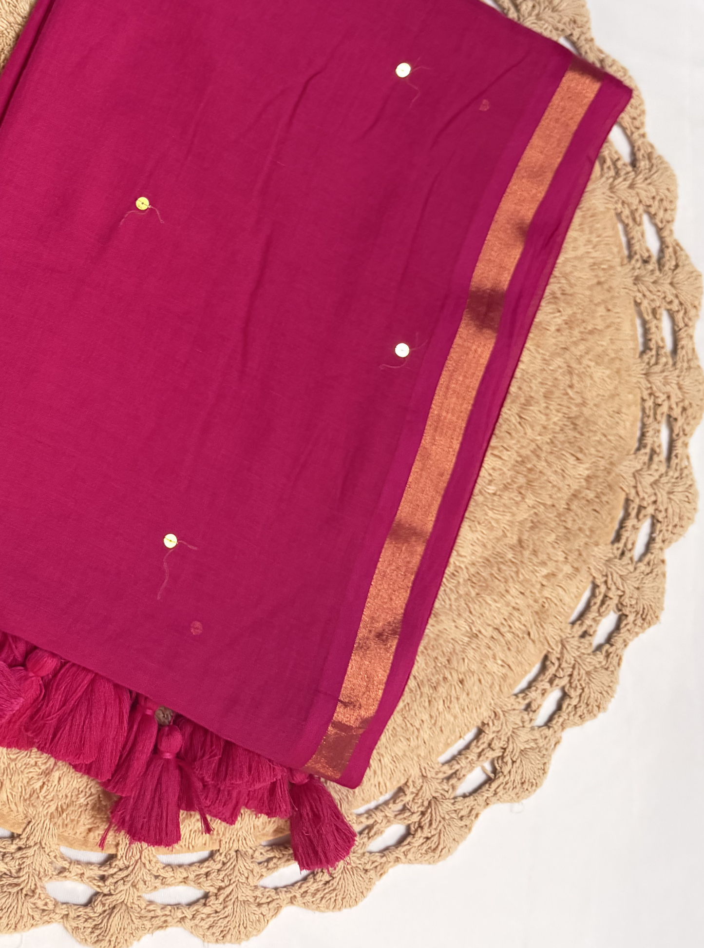 Royal Pink Mul Cotton Saree with Gold Border & Sequin Highlights