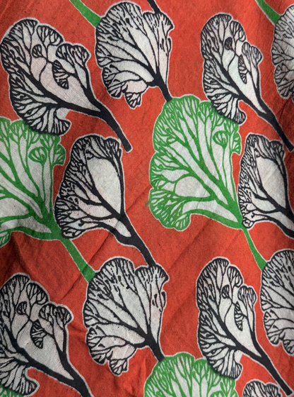 Rust Orange Cotton Kalamkari Saree with Leaf Motifs & Green Border
