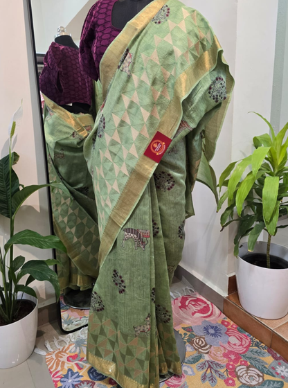 Elegant Green Pure Moonga Silk Saree with Geometric & Artistic Motifs