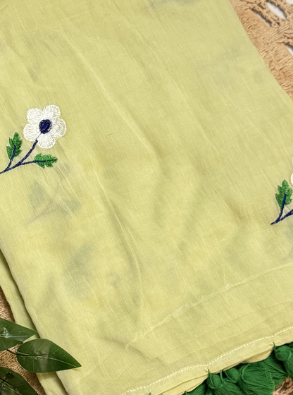 Lemon Yellow Mul Cotton Saree with Floral Butti & Green Tassels