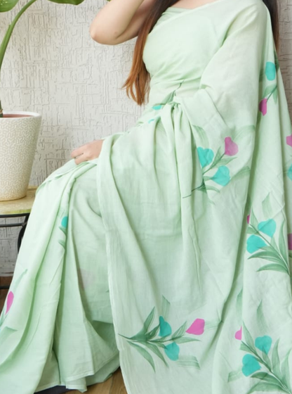 Pastel Green Cotton Jaipur Bagru Print Saree