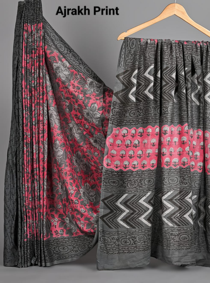 Charcoal Grey Cotton Ajrakh Saree with Crimson Red Highlights
