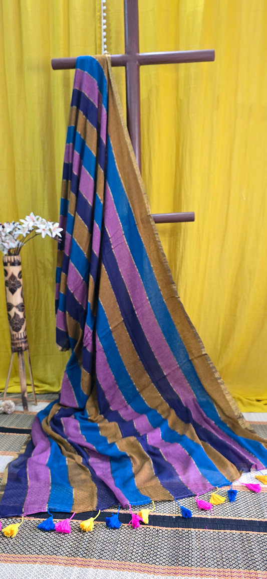 Elegant Brown, Blue and Pink Multicolor Mul Cotton Saree for Everyday Wear