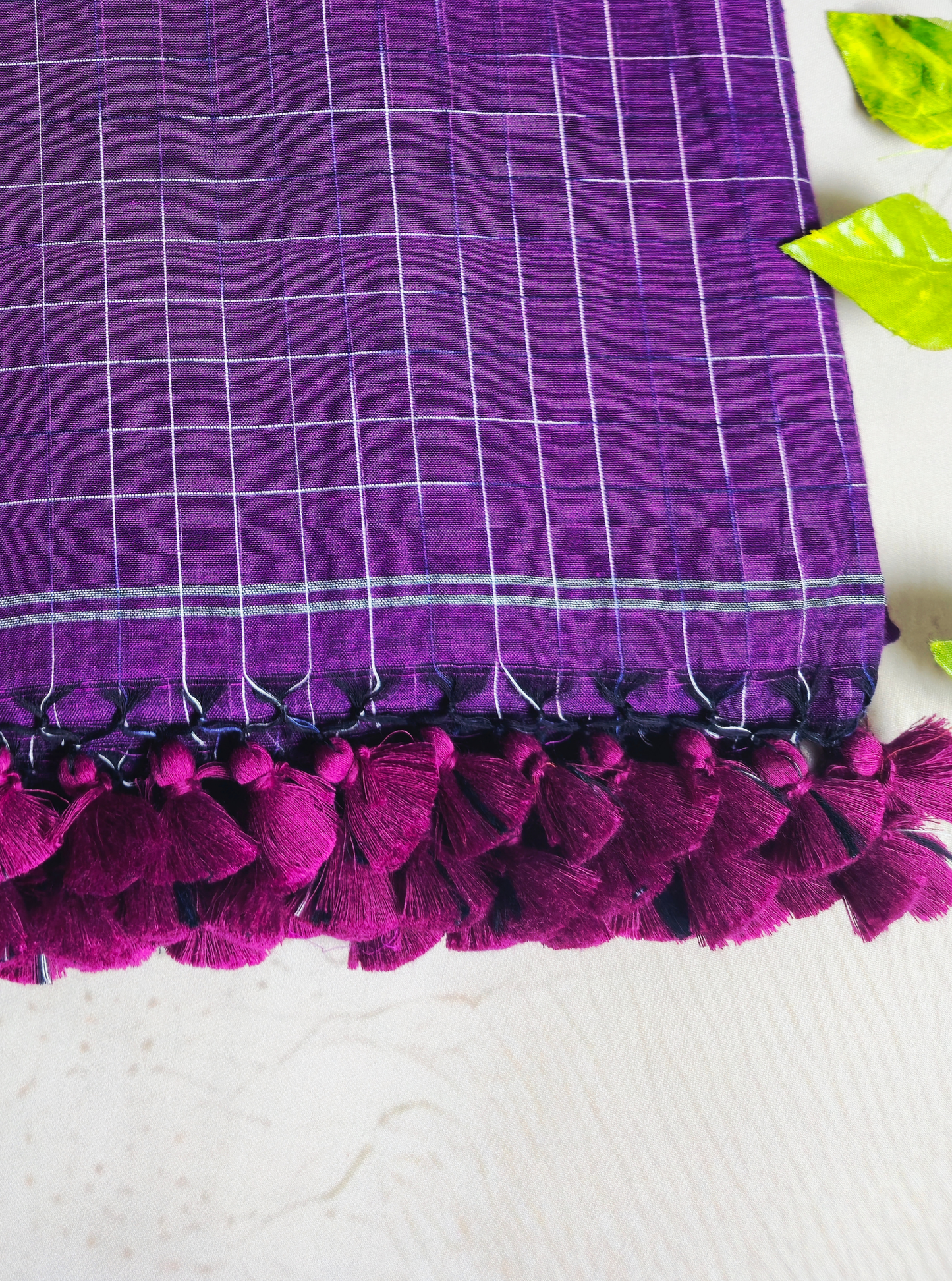 Elegant Purple Mul Cotton Saree with Check Pattern & Tassel Pallu