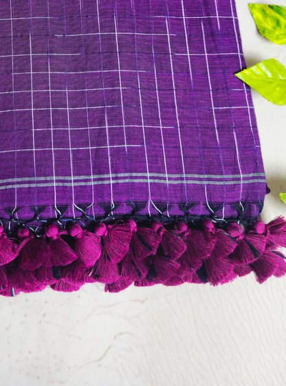 Elegant Purple Mul Cotton Saree with Check Pattern & Tassel Pallu