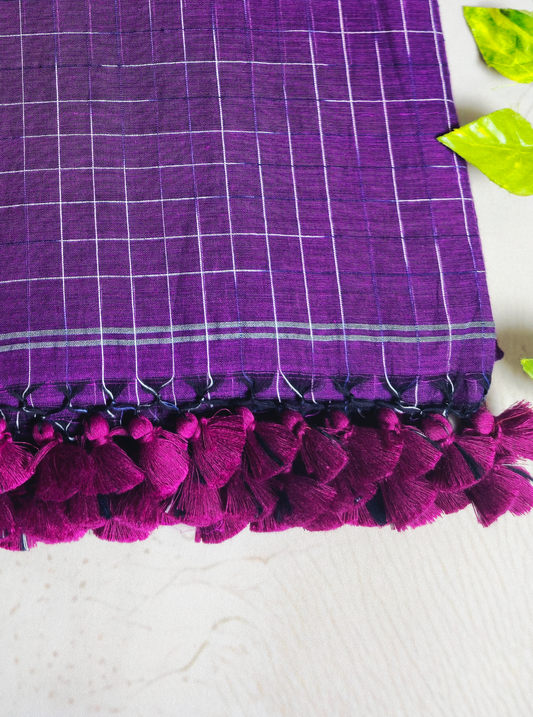 Elegant Purple Mul Cotton Saree with Check Pattern & Tassel Pallu