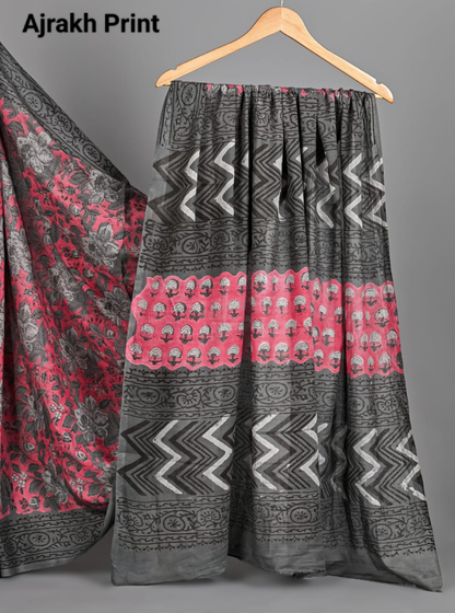 Charcoal Grey Cotton Ajrakh Saree with Crimson Red Highlights