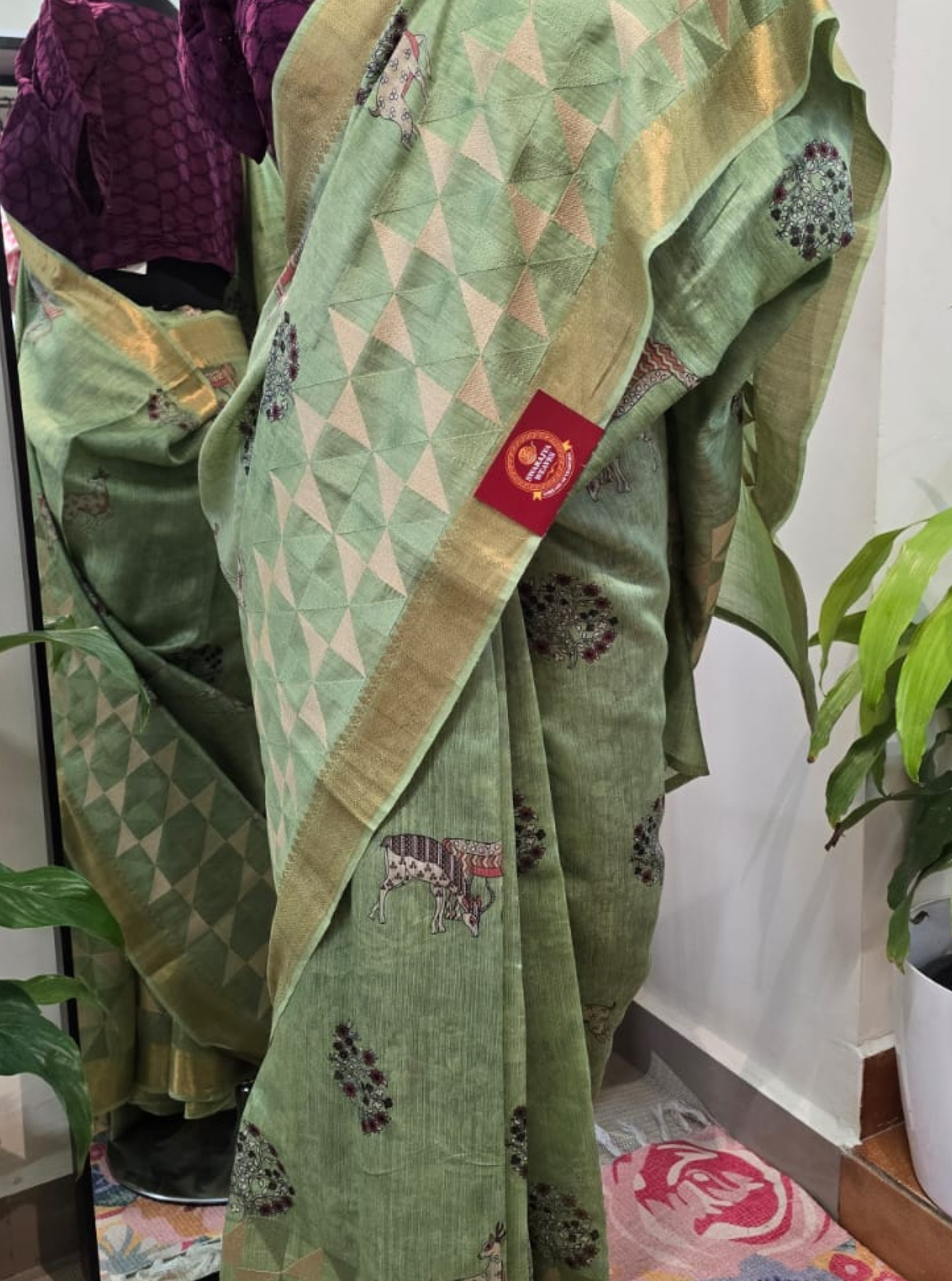 Elegant Green Pure Moonga Silk Saree with Geometric & Artistic Motifs
