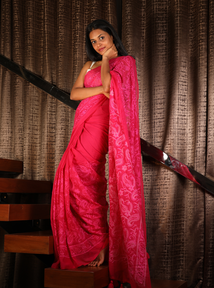 Rani Pink Mul Chikankari Saree with Elegant Embroidery