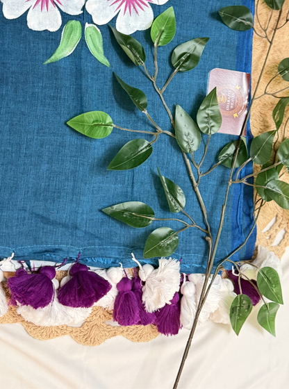 Teal Blue Mul Cotton Saree with Hand-Painted Floral Design & Contrast Tassels